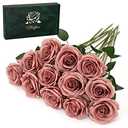 Waipfaru 12 Pcs Artificial Flowers Fake Silk Dusty Roses, Faux Real Touch Roses Bouquet with Long Stem for Wedding Party Home Decor (Dusty Rose)