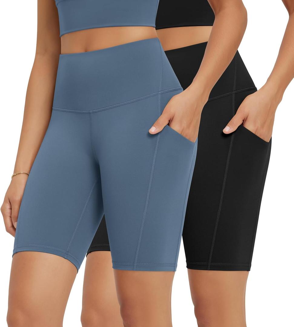 ODODOS 2-Pack High Waist Workout Shorts with Pockets for Women 6"/8" Inseam Tummy Control Gym Athletic Biker Shorts (XS)