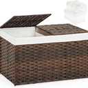 Storage Basket with Lid Rattan Storage Basket with 2 Separate Lid, 27.8 Gallon (105 L) 25.2 * 15.4 * 16.1 Inches Woven Wicker Baskets with 2 Liners and Handles for Bedroom Laundry-Brown