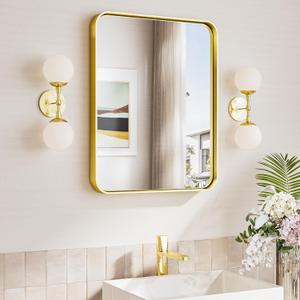 TokeShimi 16"x20" Brushed Gold Bathroom Mirror,Vanity Mirror Bathroom Wall with Tempered Glass,Modern Metal Framed Mirror with Aluminum Frame(Horizontal/Vertical)