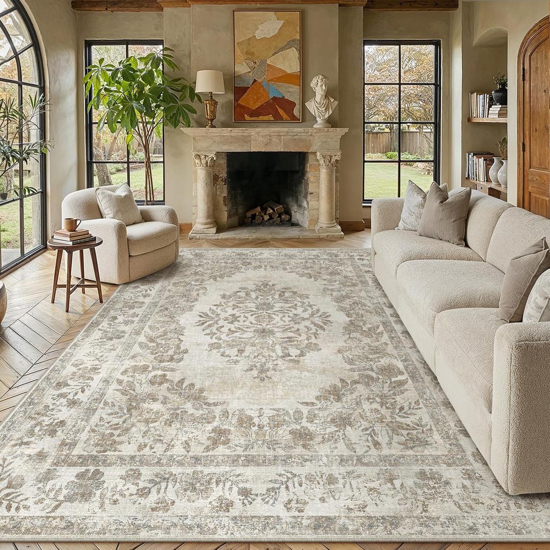 PureCozy 9x12 Washable Area Rug Beige Non Slip Thick Soft Vintage Carpet
