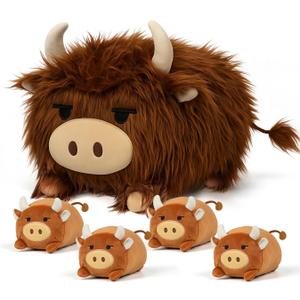 YIIQUWEN Highland Cow Stuffed Animal, Highland Cow Mommy Plush Set with 4 Baby Calves, Soft Stuffed Toy Pillow, Cute Birthday for Kids Boys Girls