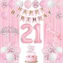 Trgowaul 21st Birthday Decorations for her, Pastel Light Pink and White Happy 21st Birthday Supplies for Girls, 21 Sash and Crown, Banner, Fringe Curtains, Cake Topper, 21 Year Old Party Supplies Set