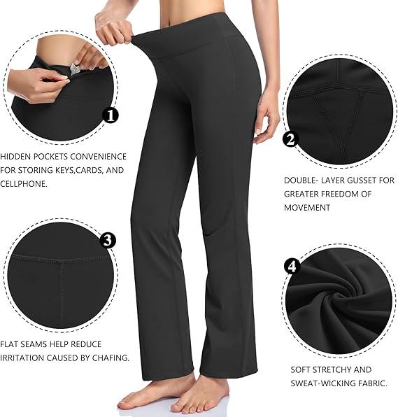 HISKYWIN Inner Pocket Yoga Pants 4 Way Stretch Tummy Control Workout Running Pants, Long Bootleg Flare Pants, Large, Black