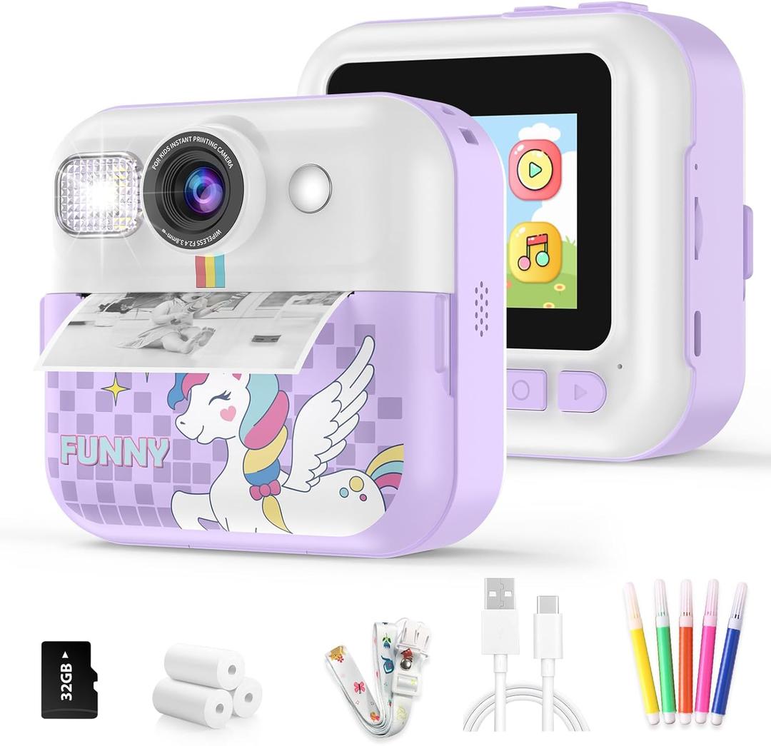 Kids Instant Print Camera, 1080P Children Printable Cameras Christmas Birthday Gifts for Girls Age 3-10, Toddler Toys for 3 4 5 6 7 8 9 10 Year Old Boys with 3 Roller Photo Paper (Purple)