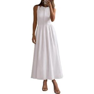 PRETTYGARDEN Maxi Dresses for Women 2025 Summer Casual Sleeveless Patchwork Flowy Vacation Sundress Knit Long Work Tank Dress (Large, White)
