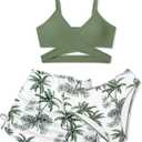Girls Swimsuits 3 Piece Bathing Suit Allover Printed Criss Cross Bikini Set with Cover Up Skirt Beach Swimwear 7-16 Years (Green # Tropical Print, 15-16)