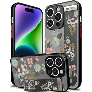 Compatible for iPhone 14 Pro Case Cute with Strap Stand Finger Kickstand, Designer Cool Silicone Cases Funda Cover - Green Flowers Spring Nature
