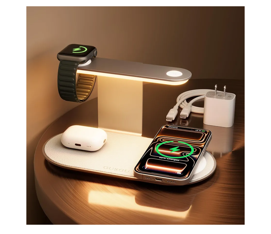 GUSGU 3 in 1 Charging Station for MagSafe Wireless Charger with Three-Level Night Light, 15W Max Fast Charging for iPhone 17/16/15/14/13/, Apple Watch Series 2-11/SE 3/ Ultra 3, AirPods Pro 3-Gray