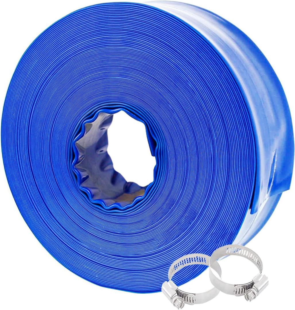 Poolvio 1-1/2" x 100' Professional Blue Backwash Hose with Clamps, General Purpose Reinforced PVC Lay-Flat Water Discharge Hose,for Use While Back-Washing Filters and Draining Pools