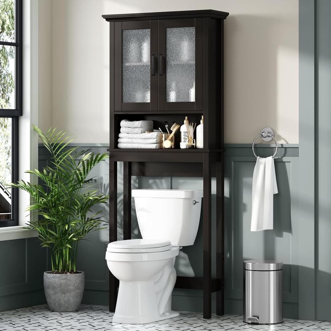 Over The Toilet Storage Cabinet, Over Toilet Bathroom Organizer with Glass Doors and Adjustable Shelf, Thicken Frame Above Toilet Storage Cabinet Behind Toilet Bathroom Organizer, Espresso, 8.86"D x 26.06"W x 69.49"H