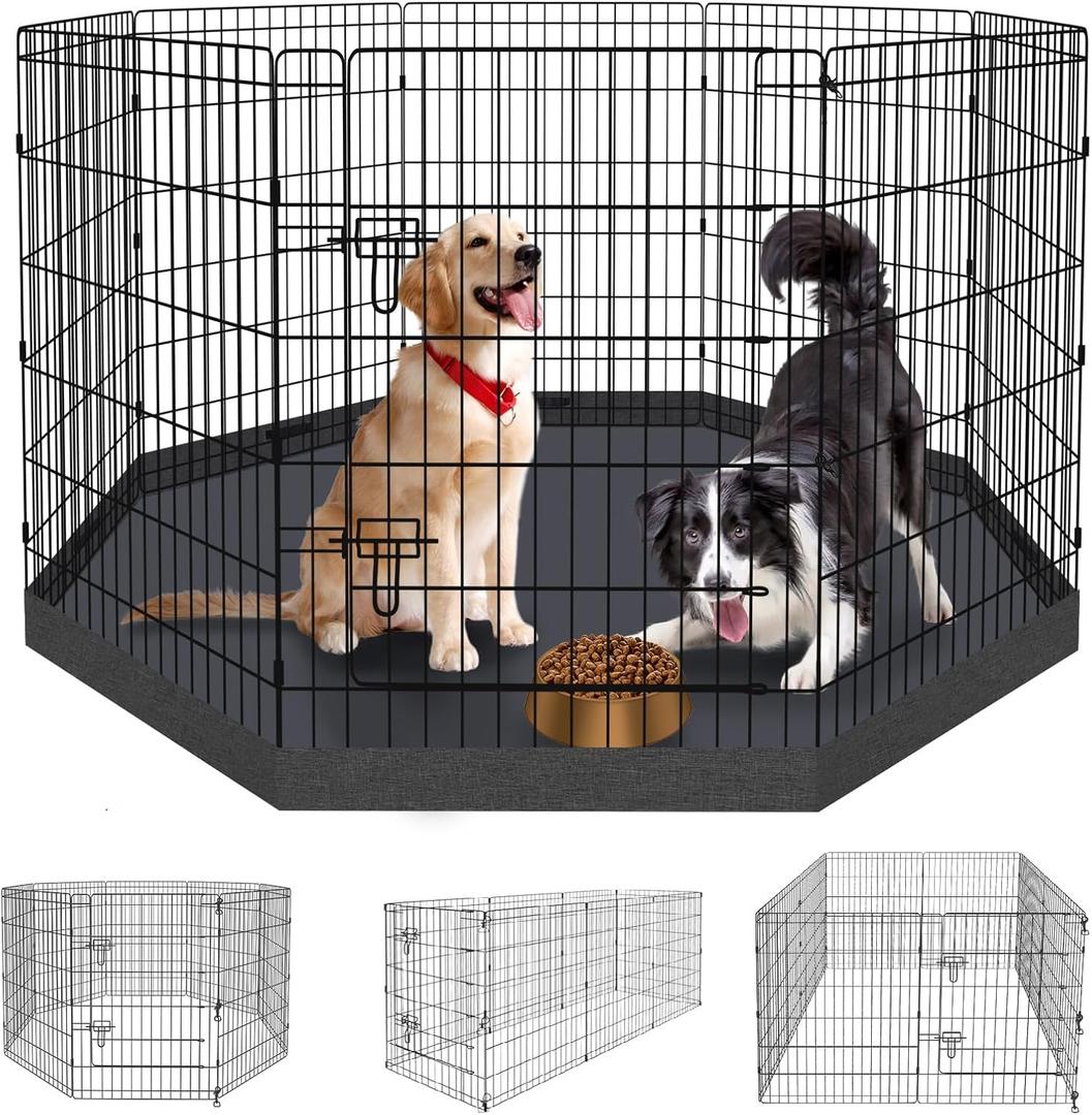 Dog Pen Pet Playpen Dog Fence Indoor Foldable Metal Wire Exercise Puppy Play Yard Pet Enclosure Indoor Outdoor 8 Panels 36 Inch with Bottom Pad/Top Cover(Black 36 Bottom Cover)