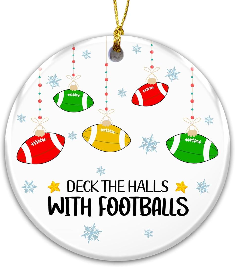 2 x Football Ornament 2025  White Elephant Gift, Deck The Halls with Footballs Ceramic Holiday Decoration  Sports Ornament for Football Players, Coaches & Fans  Unique Stocking Stuffer & Gag Gift