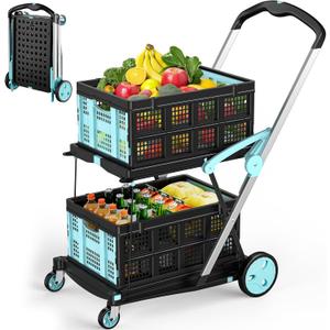 Collapsible Shopping Cart with Wheels, 200 lbs Foldable Shopping Cart with 2 Storage Crate, Multi Use Functional Grocery Cart with Foot Brake for Groceries/Office/Warehouse/Supermarket, Blue