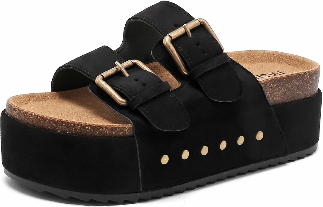 Women's Platform Clogs Sandals Cork Footbed with Comfort Double Buckles, Summer Platform Slides Mules, Summer Beach Comfort Wide Widths Availab, Size 10