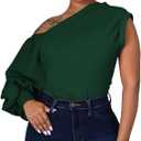 Ekaliy Women Sexy One Shoulder Sleeveless Bodycon High Low Asymmetrical Ruffle Tunics Blouse Shirt Top Dress
, Green, Size 5 XL