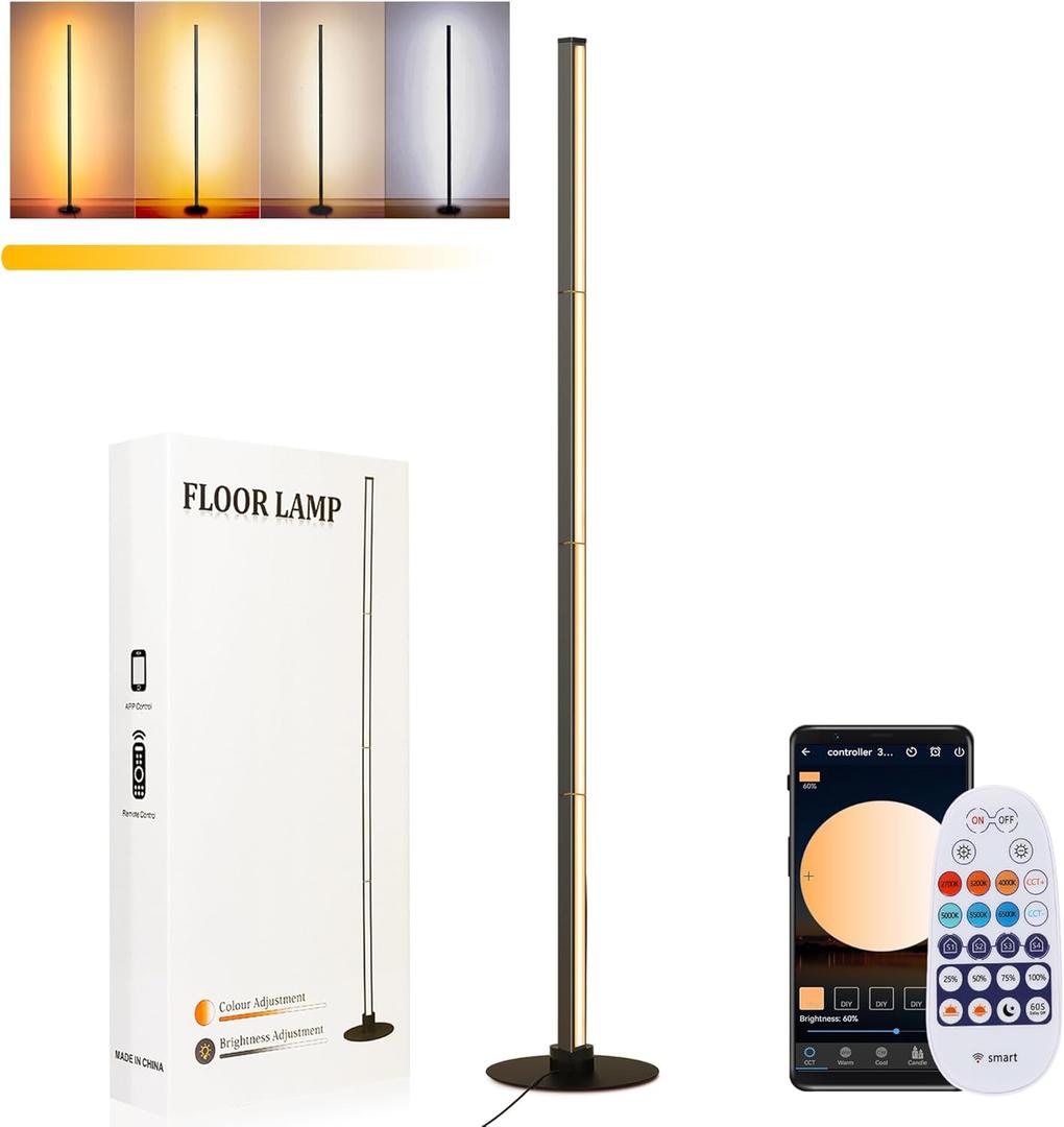 PMS 63 Modern Metal Floor Lamp, Warm to White Color Changing Standing Lamp, Stepless Dimmable Brightness Corner Lamp with APP & Remote Control for Living Room, Bedroom, Office