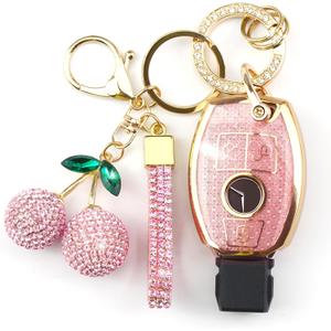 Sparkly Key Fob Cover with Cherry Keychain, Bling TPU Smart Key Case for Women, Compatible with Mercedes C/C AMGE/E AMG R S G CL GLK ML Series (3-Button, Gold Pink)
