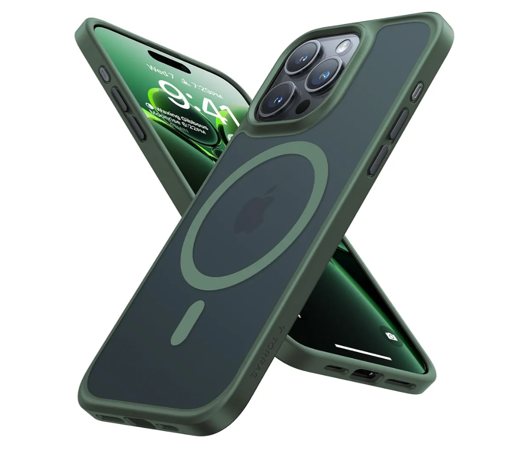 TORRAS Magnetic Shockproof for iPhone 15 Pro Case, [MilitaryGrade Drop Tested][Compatible with MagSafe] Translucent Hard PC Back with Silicone Slim Protective Cover AntiFingerprint, Green