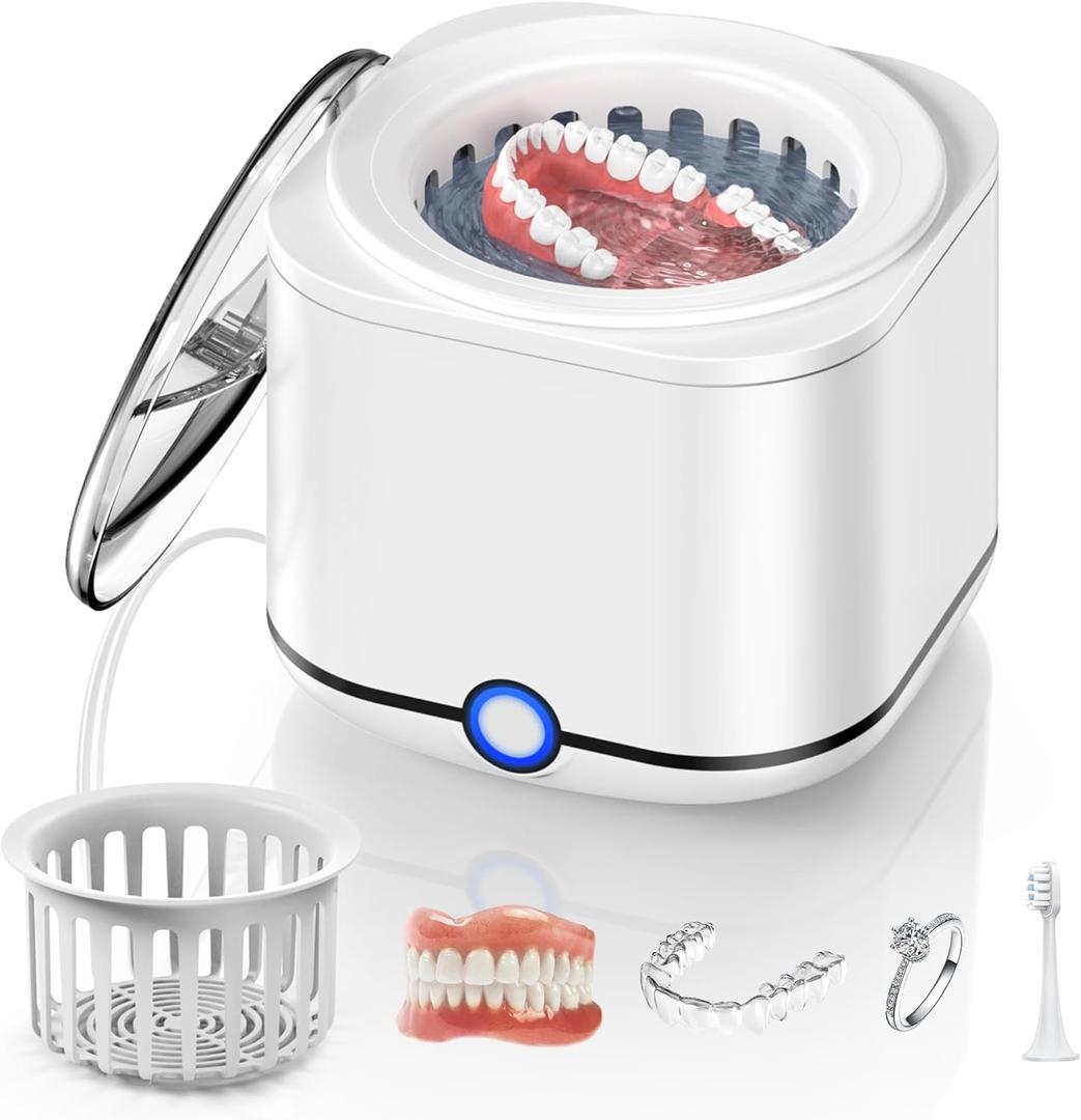 Ultrasonic Retainer Cleaner, 48kHz Retainer Cleaner Machine for Dentures, Mouthguard, Braces, Night Guard, Toothbrush, Jewelry with 7.8OZ Dental Cleaning Pod-Cool White