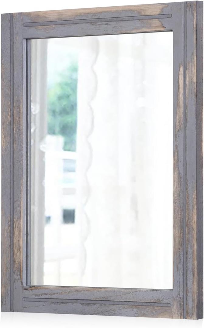 AAZZKANG Wood Framed Mirror Rectangular Rustic Wall Mirrors Decorative Large 28"x20" for Farmhouse Bathroom Living Room Bedroom Grey