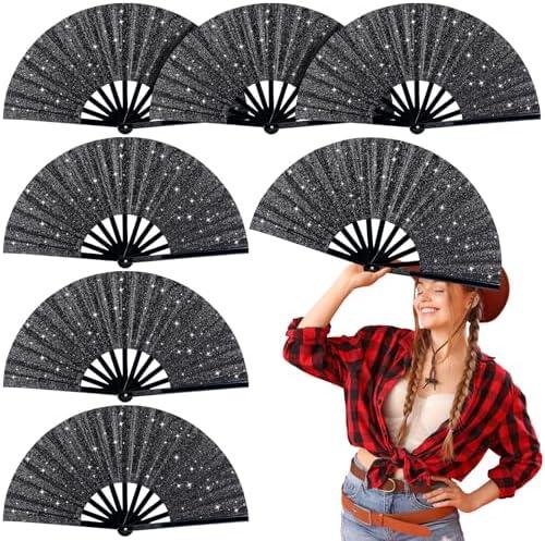 Thyle 6 Pcs Large Folding Fan for Line Dancing Bulk Boots on The Ground Hand Fan Black Popping Clapping Party Favors Decoration Gift for Edm Festival Club Summer(Classical)