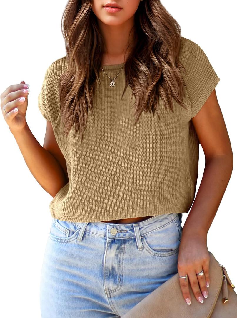 Saodimallsu Womens Cap Sleeve Crop Tops Summer Trendy Going Out Crew Neck Loose Knit Cropped Sweater Vest Tank Top (L)
