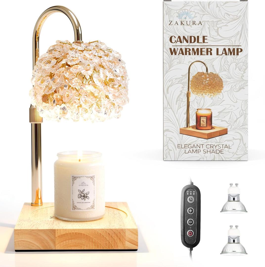 Glass Candle Warmer Lamp with Timer - Adjustable Height Candle Lamp Warmer with Crystal Shade, Timer (8H/4H/2H) - Wax Melter with Jar Candle - Ideal Gift, fits Various Size Candles