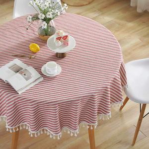 AMZALI Stripe Tassel Tablecloth Cotton Linen Table Cloth Stain Resistant Dust-Proof Table Cover for Kitchen Dinning Tabletop Home Decoration (Round 60 Inch) (Red)