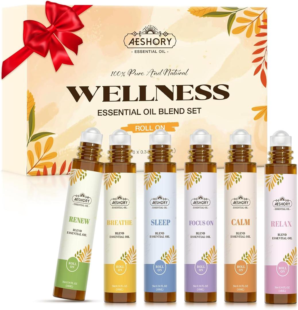 Essential Oils Roll On Set,Gifts for Mom & Wife (Calm, Relax, Breathe, Focus on, Sleep, Renew), Natural Aromatherapy Oil Blend Kit with Roller Ball for Massage, Body Skin Care, Relaxation Gift