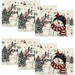 Artoid Mode Let It Snow Snowman Christmas Placemats Set of 6, 12x18 Inch Winter Table Mats for Party Kitchen Dining Decoration (Black)