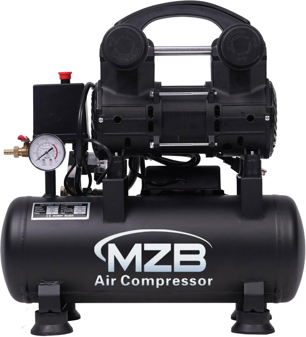 MZB 2.4 Gallon Ultra Quiet Air Compressor 110V/60Hz 1.0HP 5.65CFM, MAX 115PSI Steel Tanks Oil-Free 72dB Noise Level Air Compressor for Spray Painting, Auto Repair, Carpentry Decoration