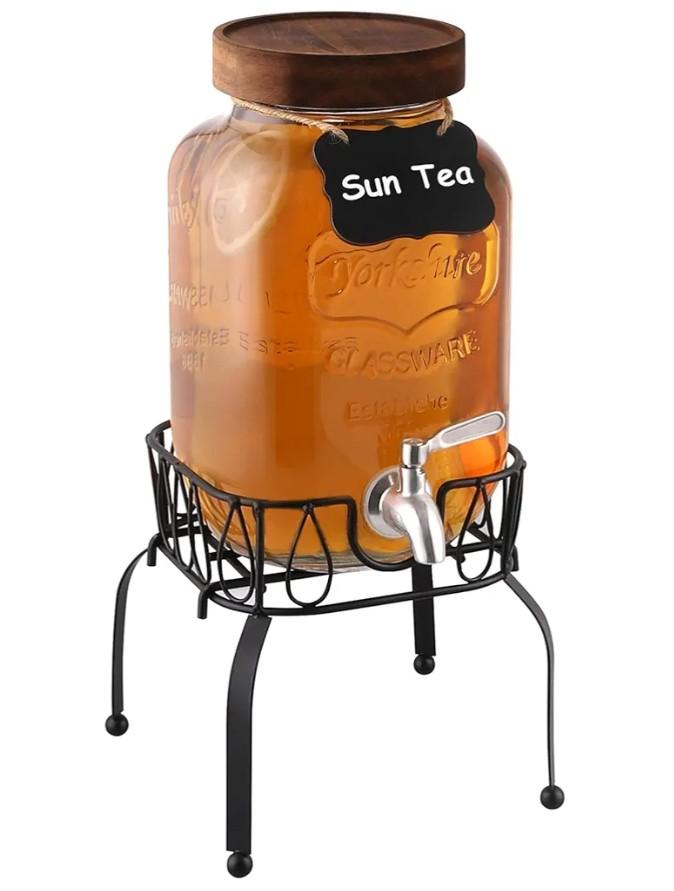 1 Gallon Drink Dispenser with Spigot 18/8 Stainless Steel – Airtight & Leakproof Glass Sun Tea Jar with Anti-Rust Lids, Beverage Dispenser for Parties (Single with Stand)