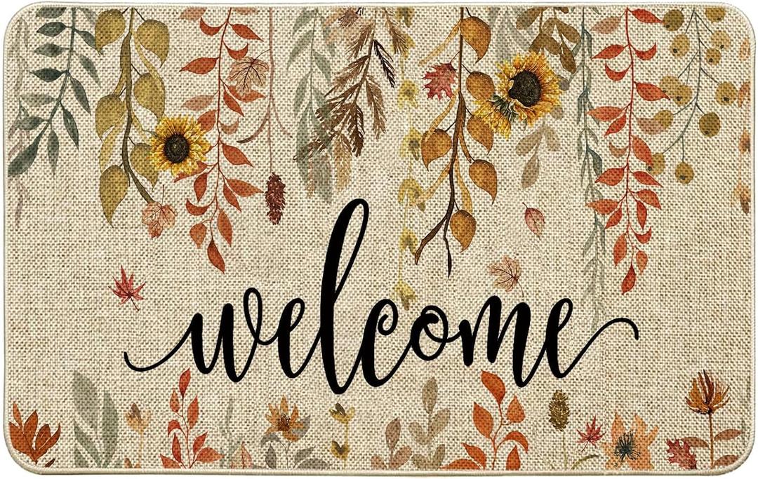 ORTIGIA Welcome Fall Doormat Indoor Outdoor Patio Eucalyptus Leaves Sunflowers Door Mats Non-Slip Entrance Mat for Home Entrance, Outside Entry, Yard, Floor, Patio 32x20 Inch (1'8" x 2'8" (Rectangular))