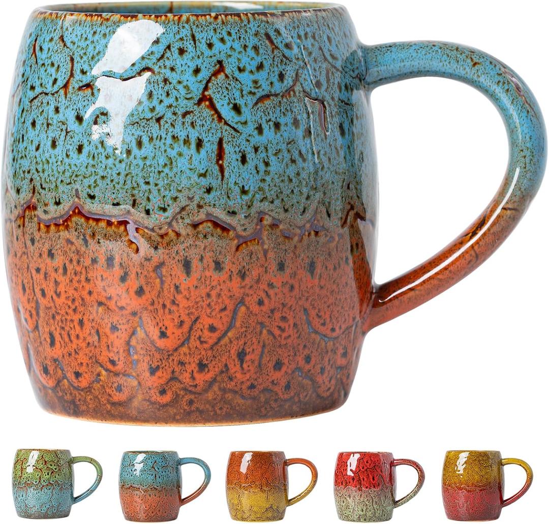 Handmade 22oz Ceramic Coffee Mug, Ergonomic Large Handle, Ideal Gift for Coffee Lovers, Microwave & Dishwasher Safe (Bas-Relief - Blue&Orange) Mothers Day Gift
