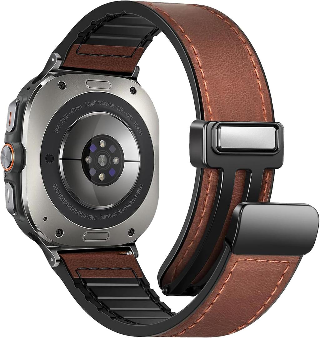 Magnetic Leather Watch Band Compatible with Samsung Galaxy Watch Ultra 47mm (2025/2024) Magnetic Buckle Design Adjustable Classic Wristbands Accessories Replacement Straps for Men and Women (A1 Dark Brown)