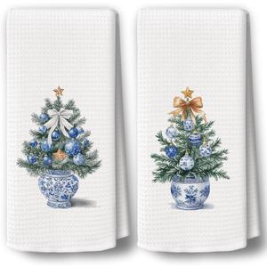 Chinoiserie Christmas Kitchen Towels Decor Set of 2 - Blue Christmas Tree Holiday Hand Tea Towels, Grandmillenial Xmas Gifts Dish Towel Dishcloths Decorations for Kitchen Home, 16"x24"