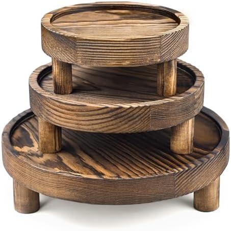 3PCS Wooden Display Risers for Display, Wood Riser Display Pedestal Stand for Home Décor (Rustic Brown, 8,6,5'')
