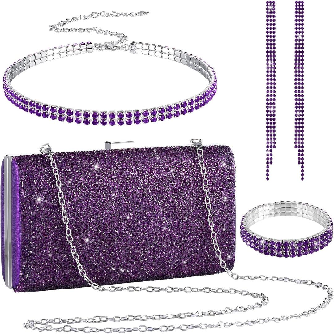 Kigeli 4 Pieces Women Rhinestone Evening Clutch Bag Bling Earring Necklace Bracelet for Wedding Graduation Prom