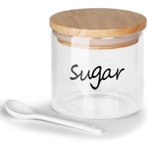 HAOTOP Clear Glass Sugar Bowl with Spoon and Silicone Sealing Lid, Farmhouse Kitchen Countertop Canisters, Container Jar Dispenser Holder for Kitchen,12 oz