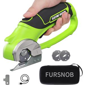 Fursnob Upgraded 4V Cordless Electric Scissors, Cardboard Cutter with 3 Blades,Case, USB Charging, Max Cutting 1/4" Rotary Box Cutter for Cardboard, Carpet & Plastic, Lightweight & Arthritis Friendly (Green)