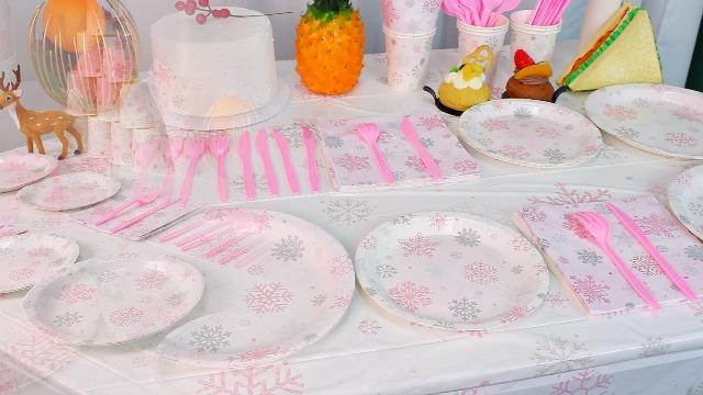 Funnymoom 452 Pcs Pink Snowflake Party Supplies Serves 50, Pink Snowflake Paper Plates Napkins Cups Tablecloth Cutlery Straws for Christmas Winter, Baby Shower Wonderland Birthday Party Decorations