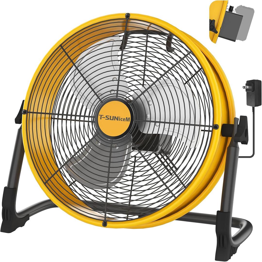 16" Battery Operated Floor Fan Compatible with Dewalt 20V Max Battery, Portable Fan with AC Adapter and USB Output, Metal Industrial High Velocity, Stepless Speed Cordless Fan for Jobsite Camping