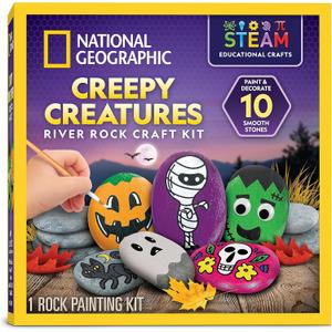 National Geographic Creepy Creatures Rock Painting Kit - Halloween Arts & Crafts Kit for Kids, Decorate 10 River Rocks with 10 Paint Colors & More Spooky Art Supplies, Halloween Gifts for Kids, One Size