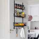 Over The Door 3 Tier Hanging Kitchen Storage Rack Heavy Duty Pantry Organizer with 3 Baskets and 5 Hooks - Metal Wire Basket for Kitchen, Bathroom, Office - Brown