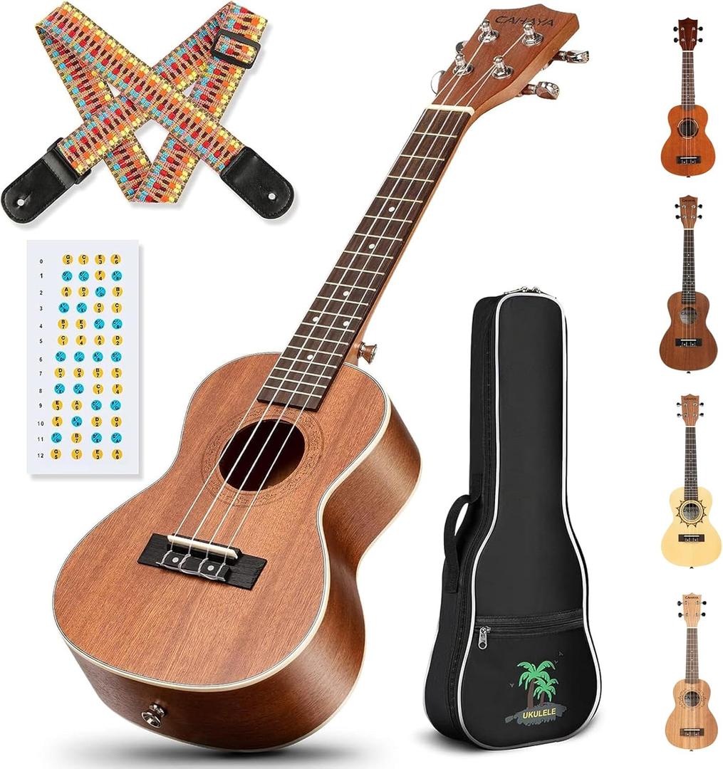CAHAYA Concert Ukulele Kit Beginner Starter 23 Inch with Gig Bag, Rainbow Strap, Fretboard Stickers, for Adults Sapele, Model CY0070 (Dark Brown)