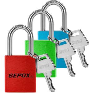 SEPOX Trinity Out-Door Padlock Key-Alike Water-Proof Solid-Aluminum, 1.5" 38mm Heavy-Duty Pack of 3 Pcs RGB Locks with Brass Cylinder Long-Shackle for Boat, Fishing, Marine, Fence, Safety Lock