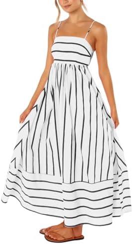 chouyatou Women's Striped Back Smocked Maxi Dress Sexy Spaghetti Strap Cut Out Flowy Swing Long Dress L