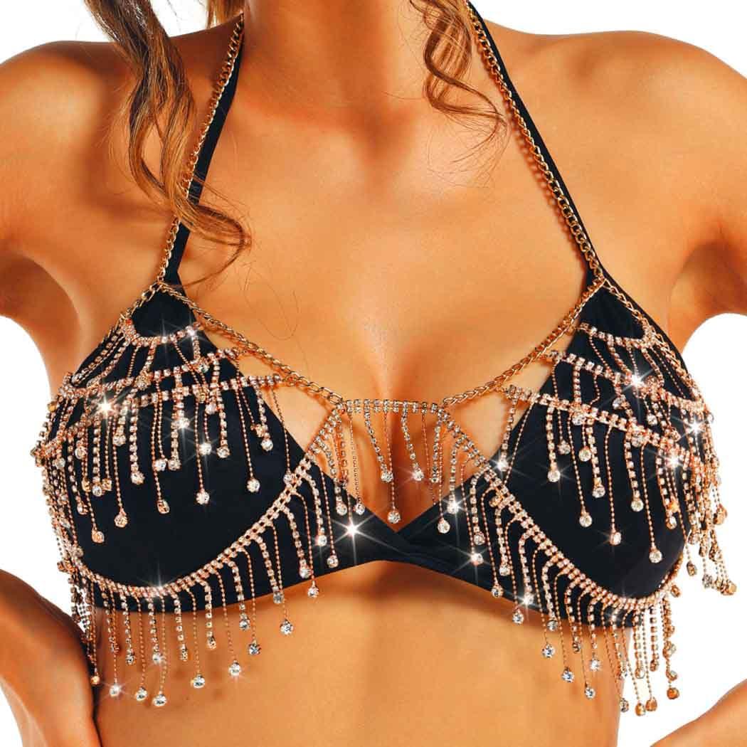 DRESBE Rhinestone Tassel Chest Chain Gold Layered Crystal Bra Chains Sexy Party Body Jewelry Accessories for Women
