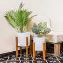 2-Piece White Metal Planter Set with Wood Stand, Indoor Mid Century Modern Planters with Drainage, 8" & 10"